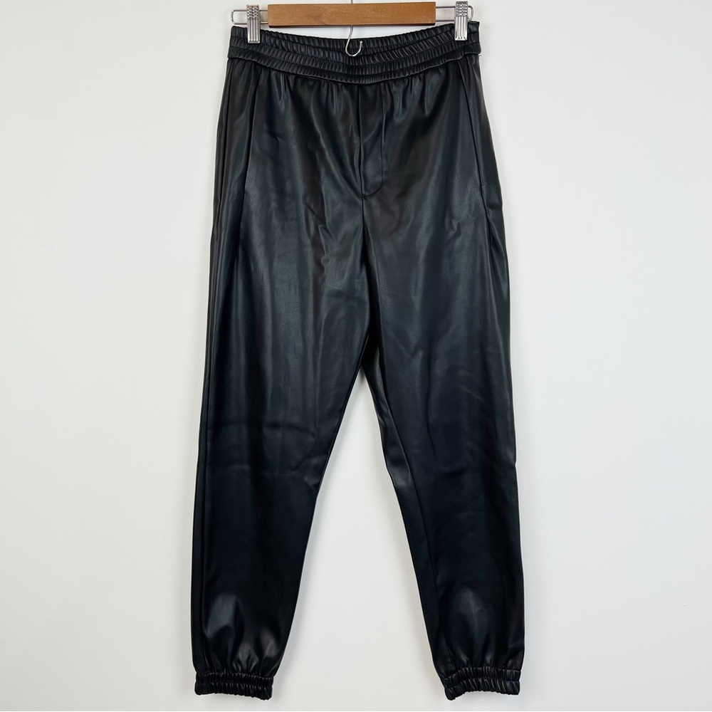 Zara Vegan Faux Leather Elastic Waist Black Joggers Size S